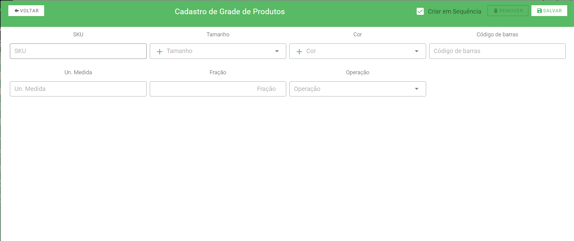 Grade de produtos - Cadastro